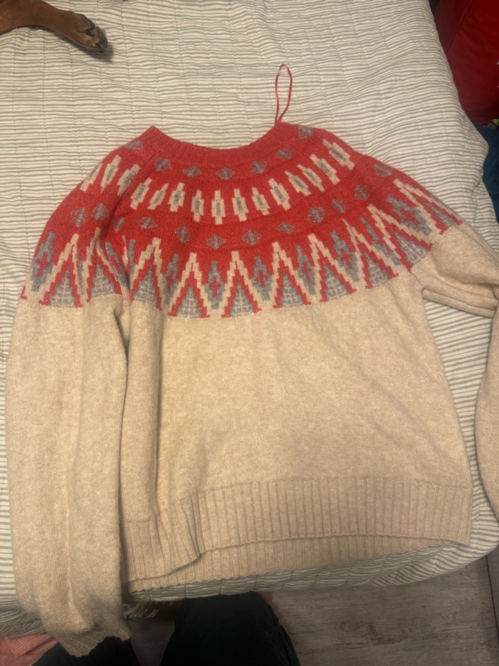 Lucky Brand Beige Crewneck Sweater with Red and Gray Fair Isle Yoke
